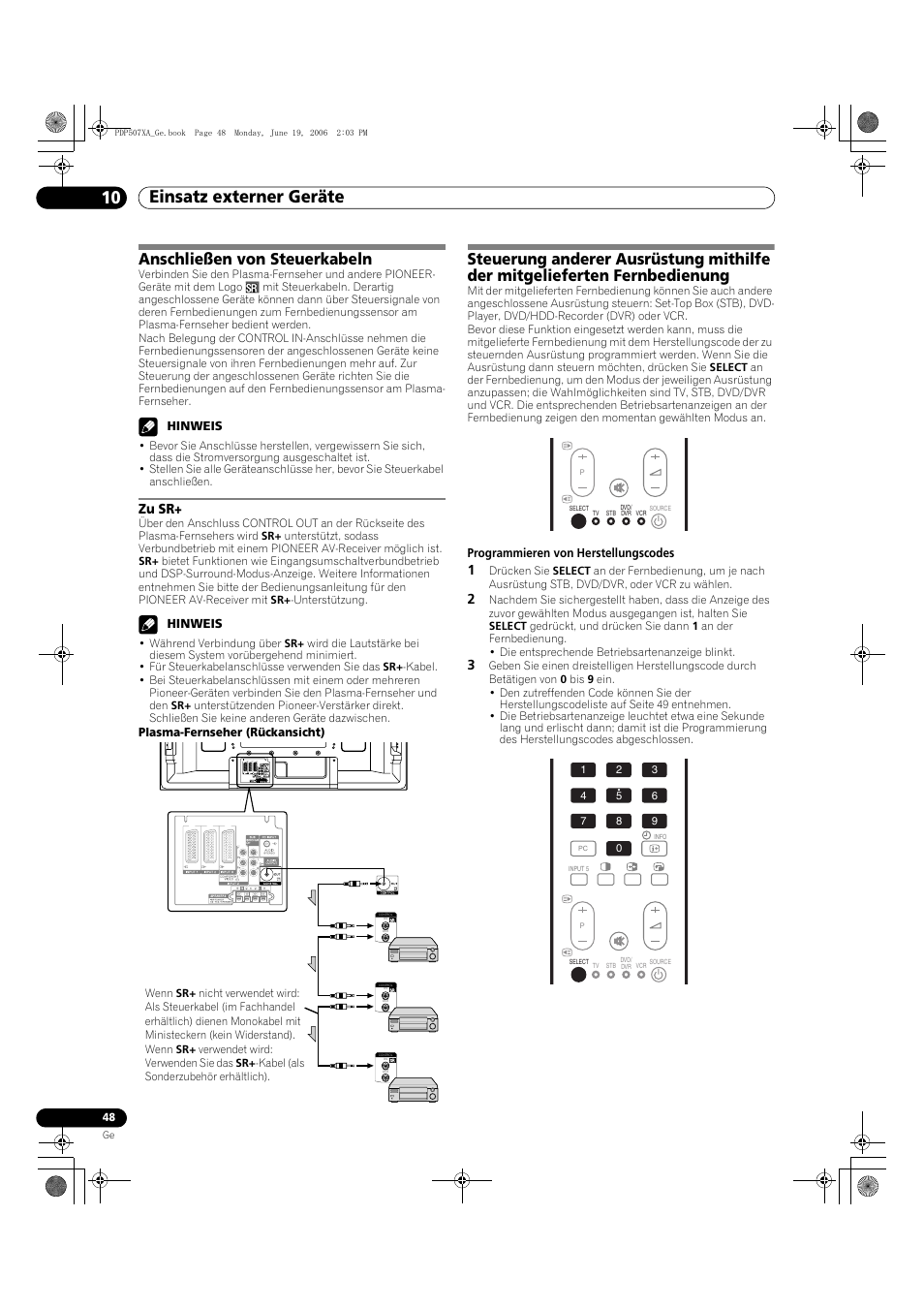 Anschließen von steuerkabeln, Zu sr, Einsatz externer geräte 10 | Pioneer PDP-507XA User Manual | Page 160 / 171