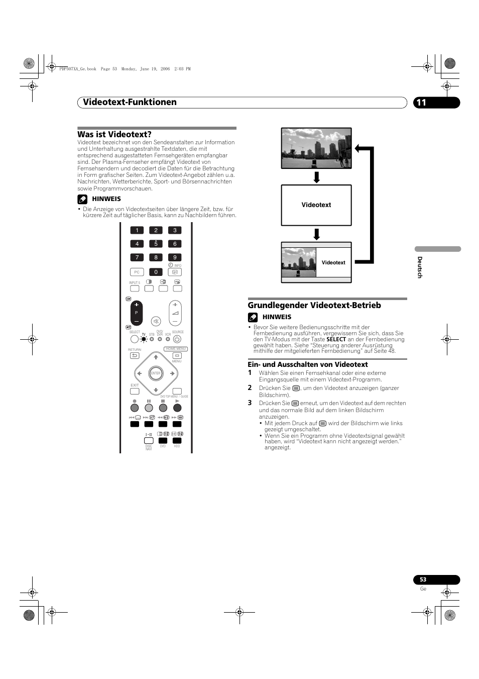 11 videotext-funktionen, Was ist videotext? grundlegender videotext-betrieb, Ein- und ausschalten von videotext | Videotext-funktionen 11, Videotext-funktionen, Was ist videotext, Grundlegender videotext-betrieb, Ein- und ausschalten von videotext 1 | Pioneer PDP-507XA User Manual | Page 165 / 171