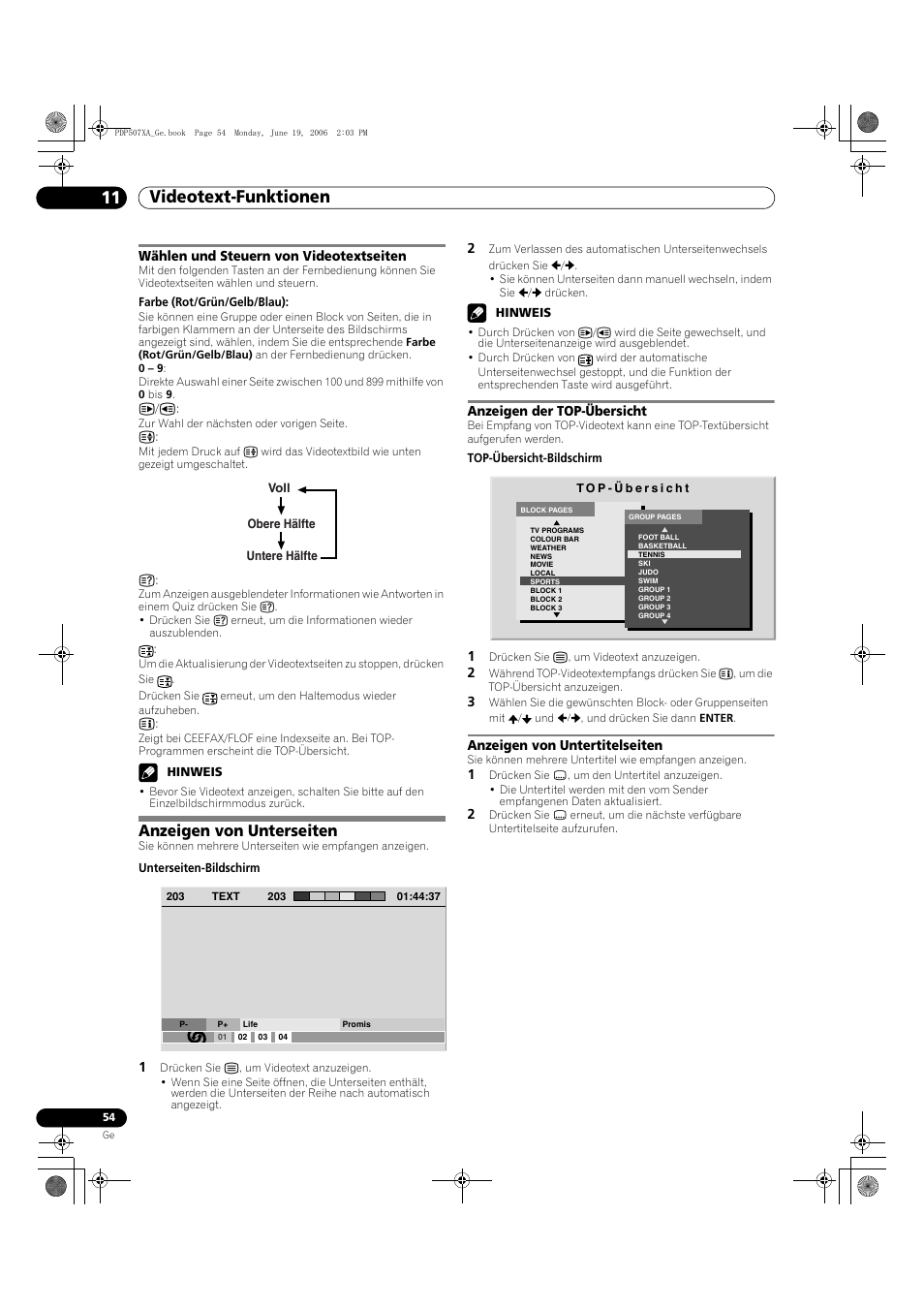 Wählen und steuern von videotextseiten, Anzeigen von unterseiten, Videotext-funktionen 11 | Pioneer PDP-507XA User Manual | Page 166 / 171