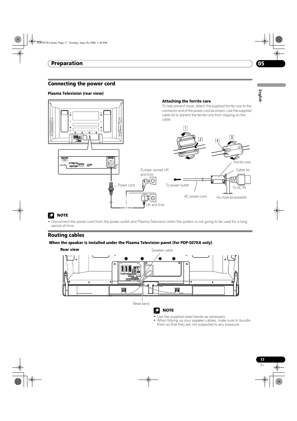 Connecting the power cord routing cables, Preparation 05, Connecting the power cord | Routing cables | Pioneer PDP-507XA User Manual | Page 17 / 171