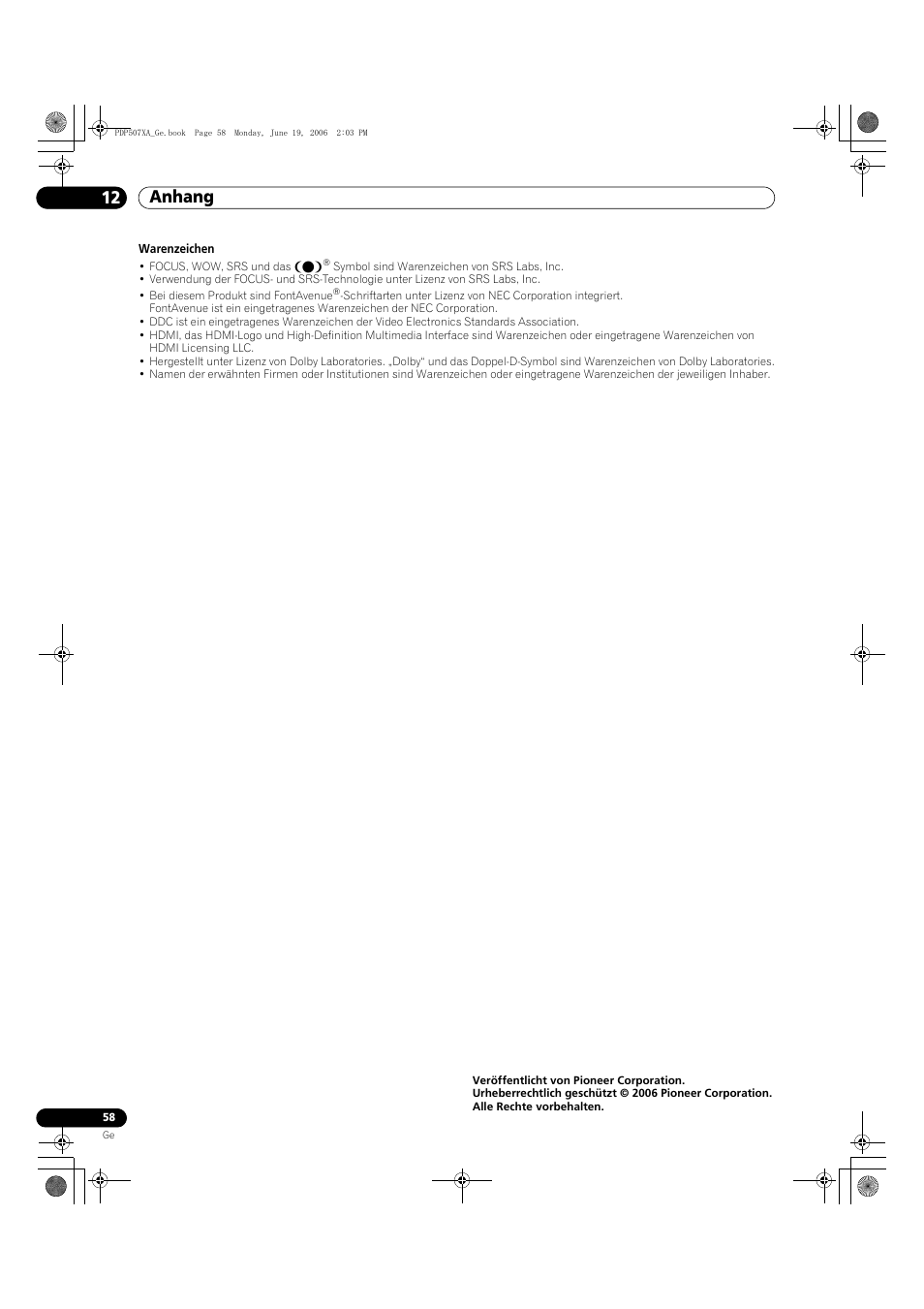 Anhang 12 | Pioneer PDP-507XA User Manual | Page 170 / 171