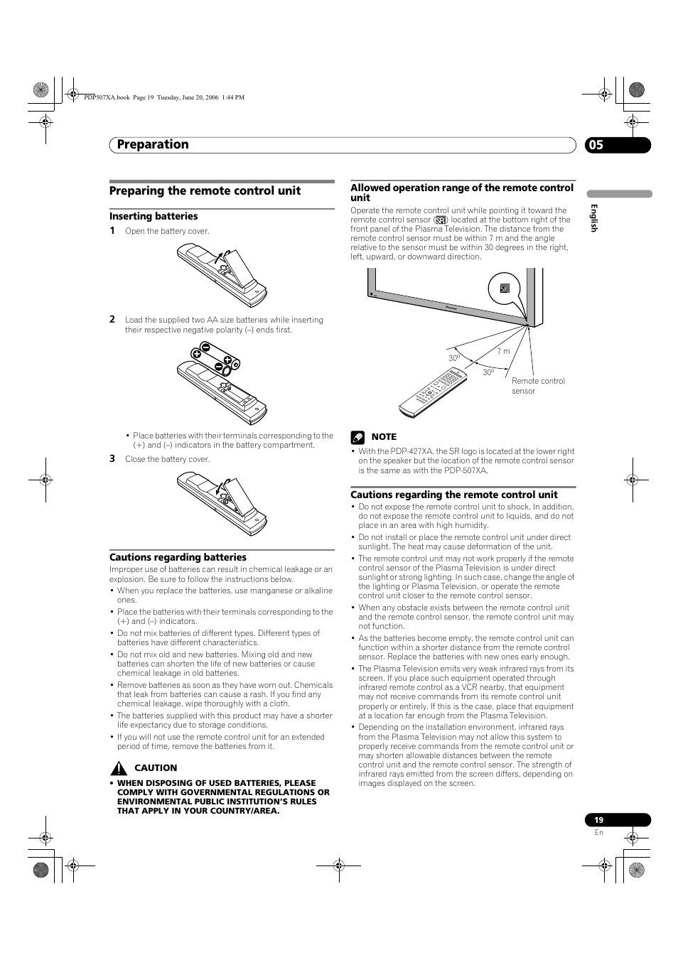 Preparing the remote control unit, Preparation 05 | Pioneer PDP-507XA User Manual | Page 19 / 171