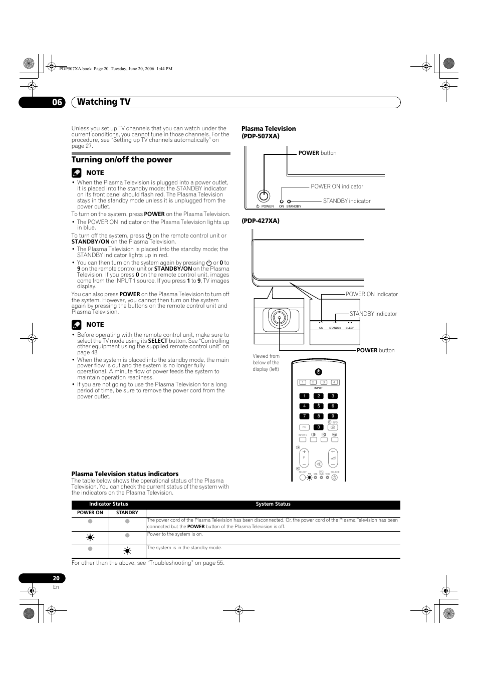 06 watching tv, Turning on/off the power, Watching tv 06 watching tv | Pioneer PDP-507XA User Manual | Page 20 / 171