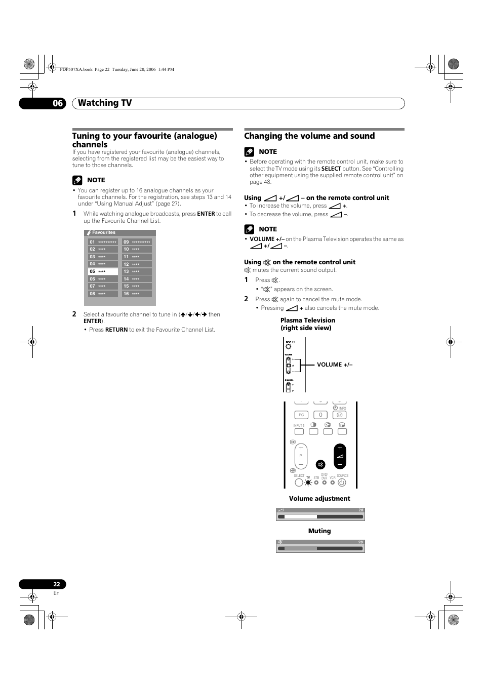 Watching tv 06, Tuning to your favourite (analogue) channels, Changing the volume and sound | Pioneer PDP-507XA User Manual | Page 22 / 171