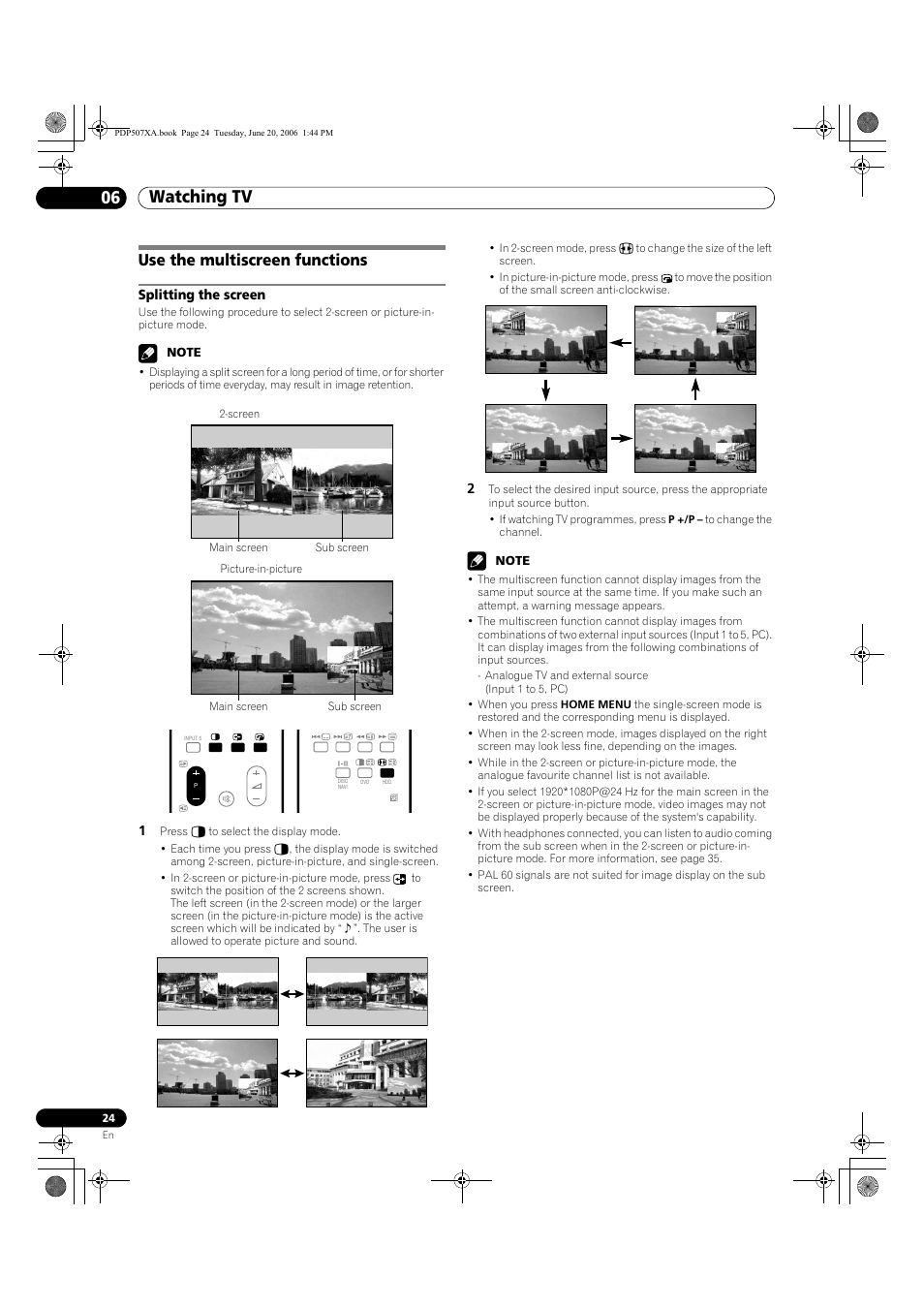 Use the multiscreen functions, Splitting the screen, Watching tv 06 | Pioneer PDP-507XA User Manual | Page 24 / 171