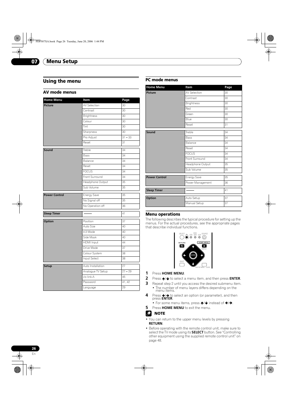 07 menu setup, Using the menu, Av mode menus pc mode menus menu operations | Menu setup 07 menu setup | Pioneer PDP-507XA User Manual | Page 26 / 171