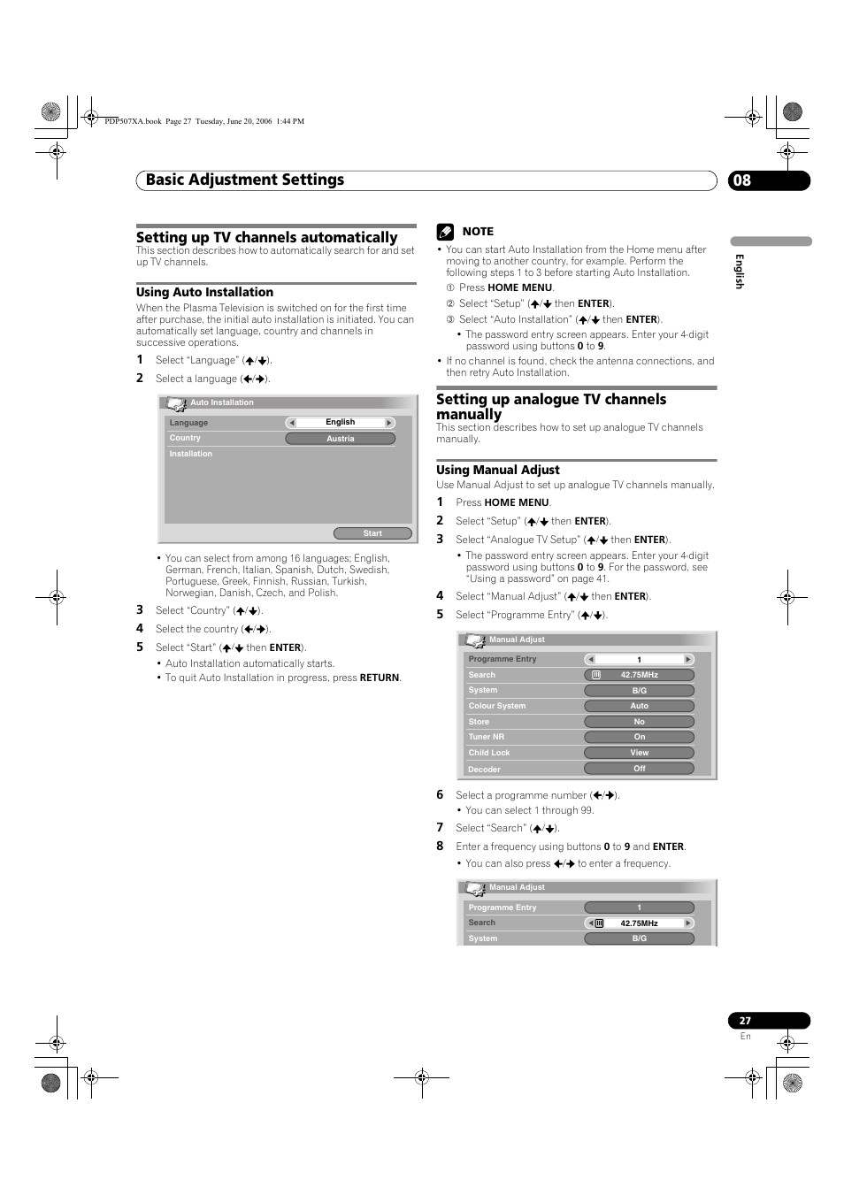 08 basic adjustment settings, Setting up tv channels automatically, Using auto installation | Setting up analogue tv channels manually, Using manual adjust, Basic adjustment settings 08, Basic adjustment settings | Pioneer PDP-507XA User Manual | Page 27 / 171