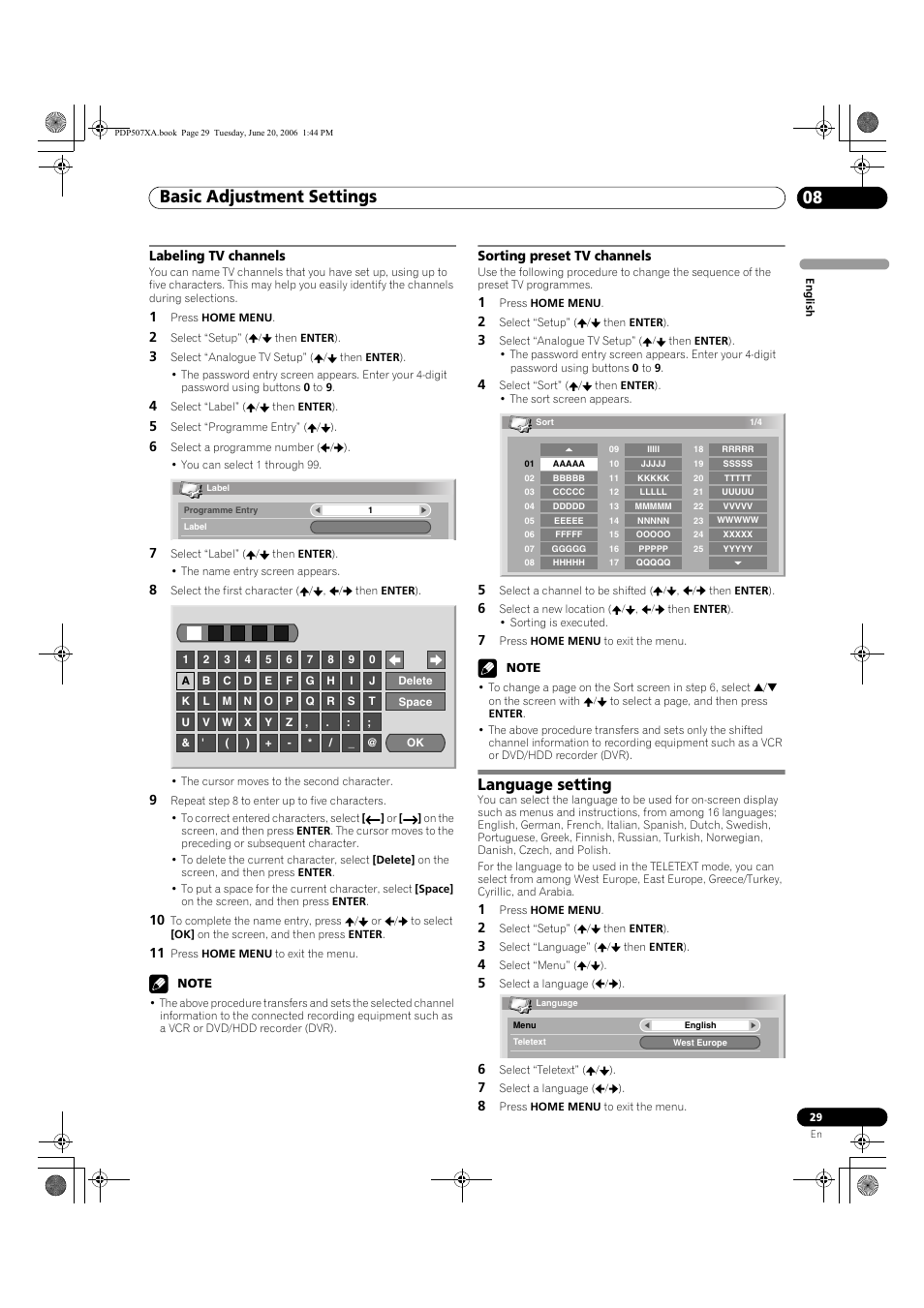 Labeling tv channels sorting preset tv channels, Language setting, Basic adjustment settings 08 | Pioneer PDP-507XA User Manual | Page 29 / 171