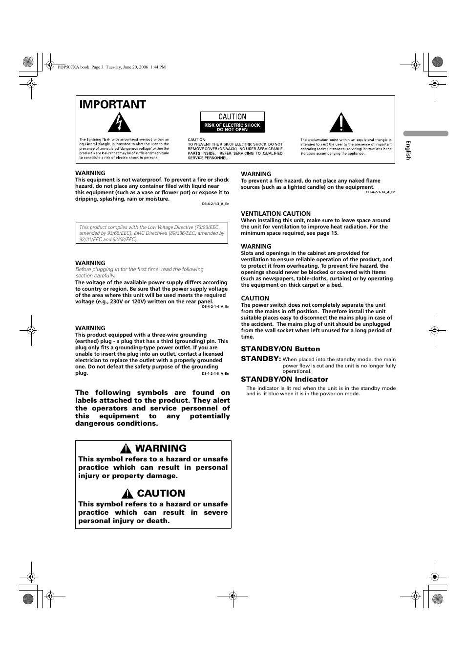 Warning, Caution | Pioneer PDP-507XA User Manual | Page 3 / 171