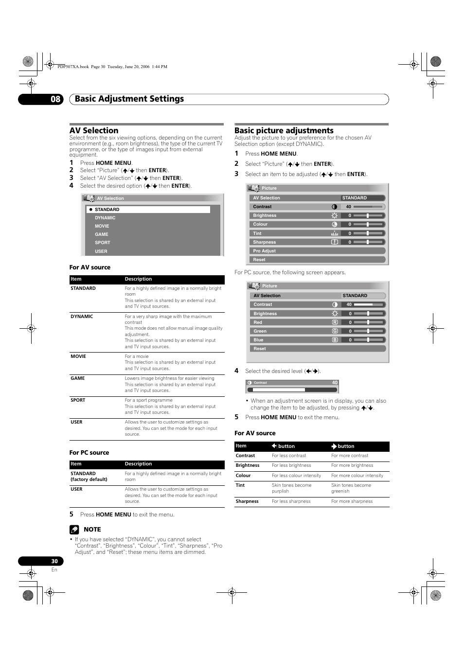 Av selection basic picture adjustments, Basic adjustment settings 08, Av selection | Basic picture adjustments | Pioneer PDP-507XA User Manual | Page 30 / 171