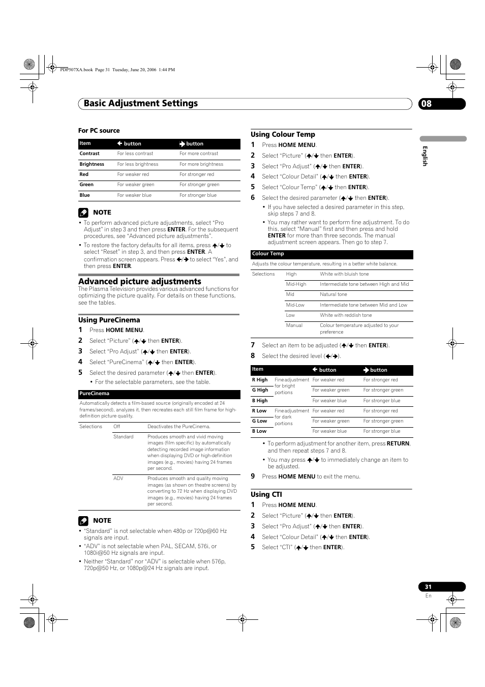 Advanced picture adjustments, Using purecinema using colour temp using cti, Basic adjustment settings 08 | Pioneer PDP-507XA User Manual | Page 31 / 171