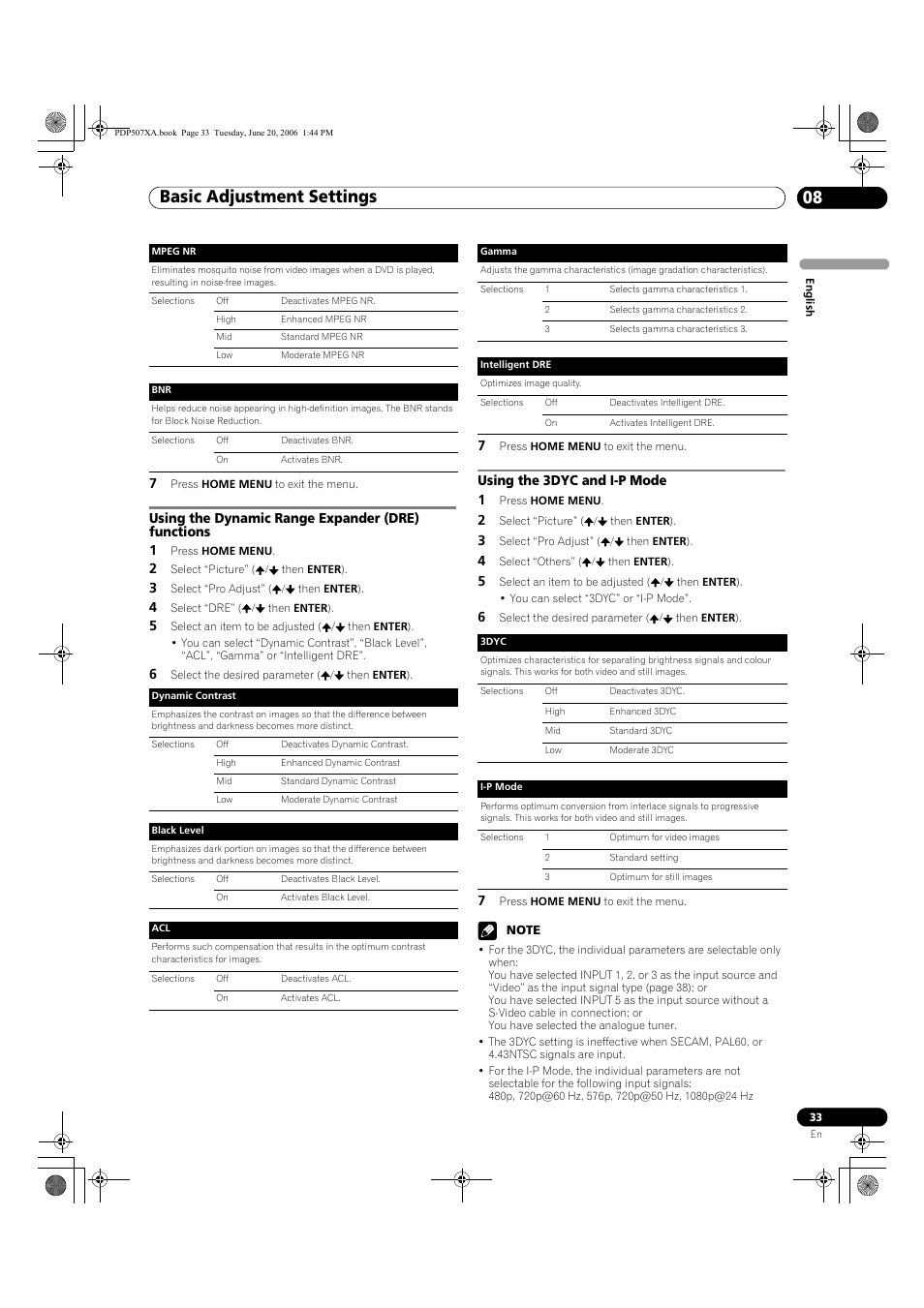 Basic adjustment settings 08, Using the dynamic range expander (dre) functions 1, Using the 3dyc and i-p mode 1 | Pioneer PDP-507XA User Manual | Page 33 / 171