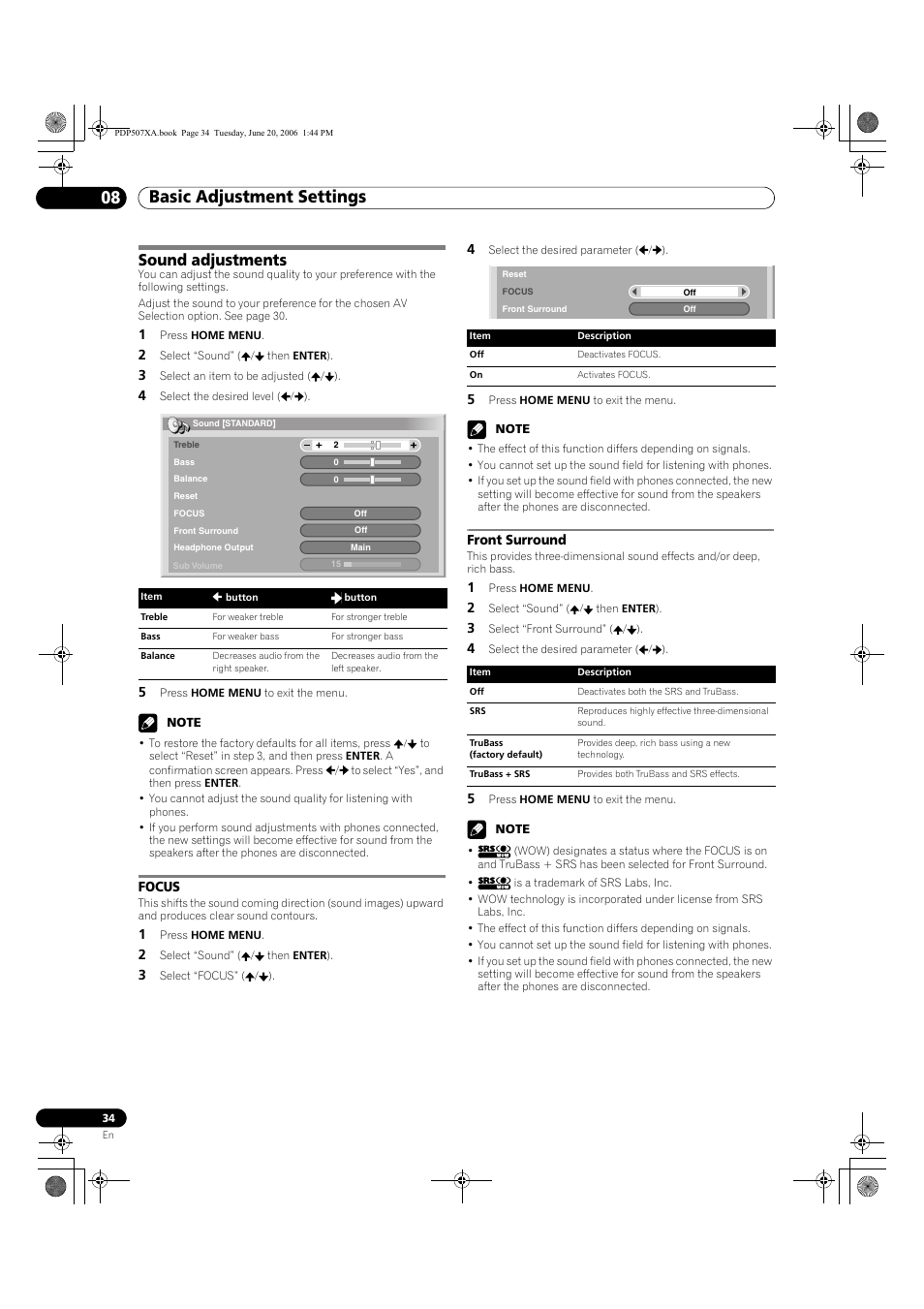 Sound adjustments, Focus front surround, Basic adjustment settings 08 | Pioneer PDP-507XA User Manual | Page 34 / 171
