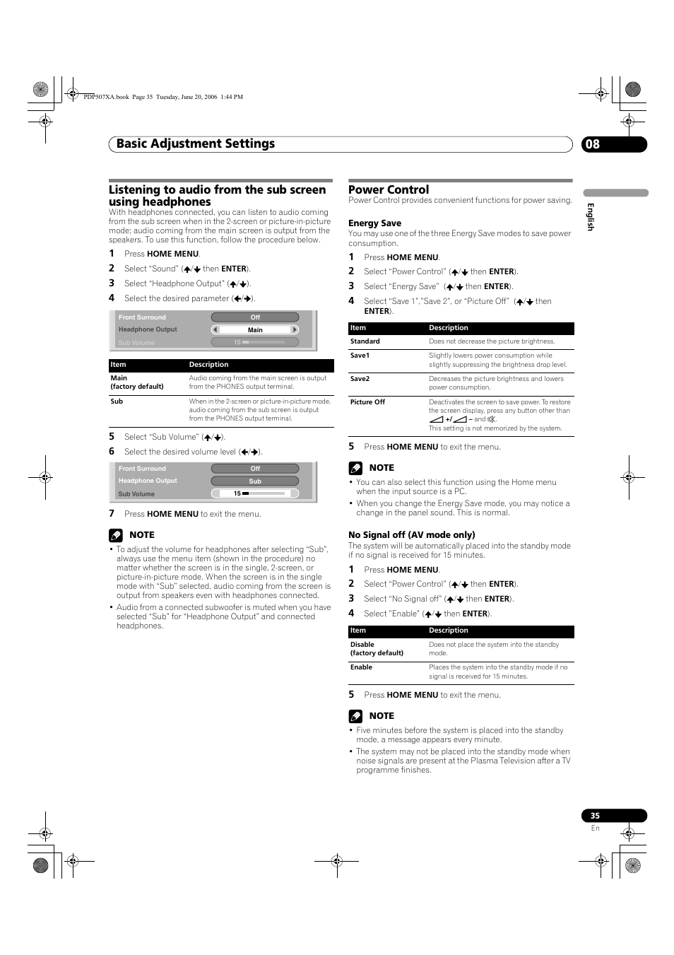 Basic adjustment settings 08, Power control | Pioneer PDP-507XA User Manual | Page 35 / 171