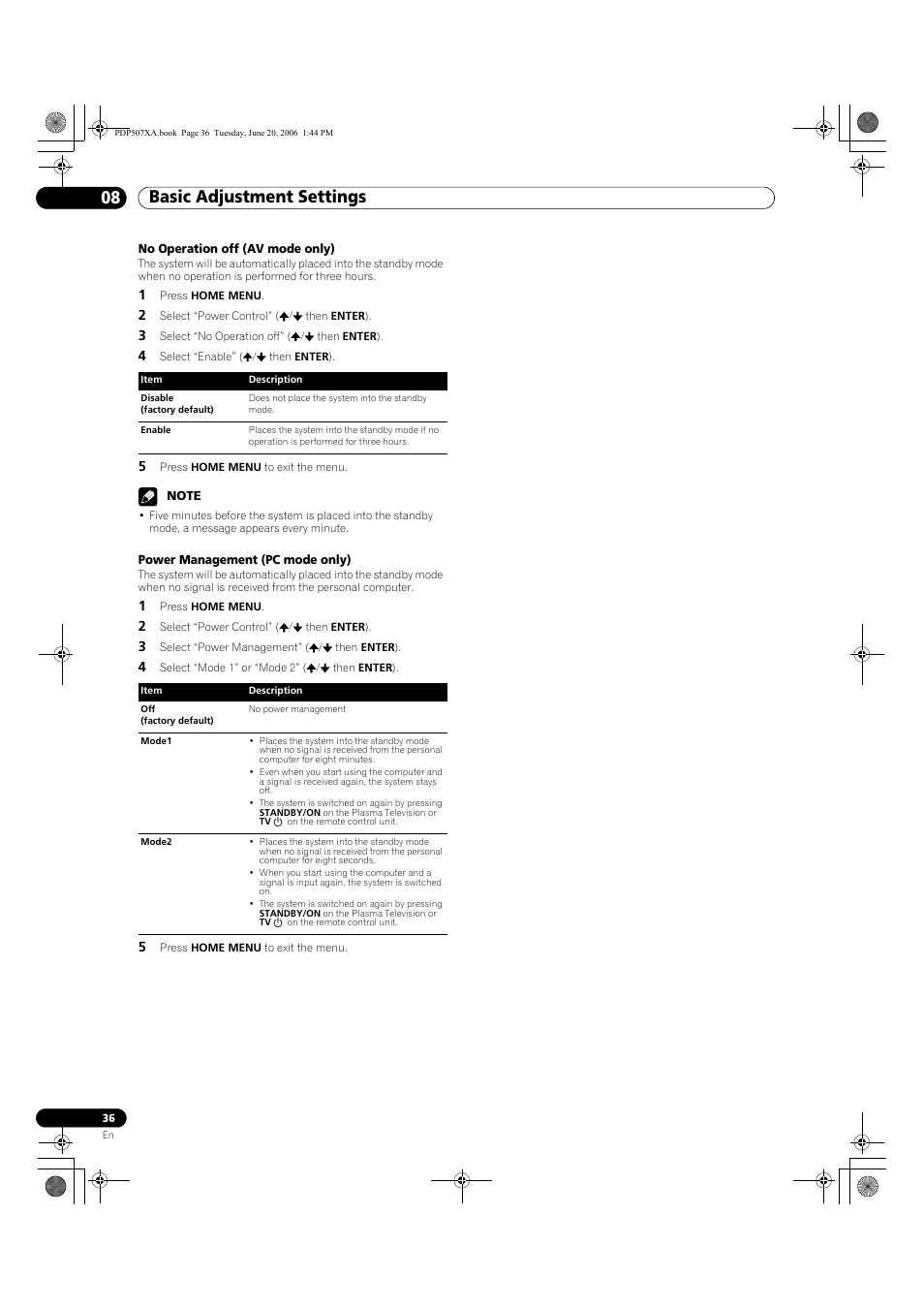 Basic adjustment settings 08 | Pioneer PDP-507XA User Manual | Page 36 / 171