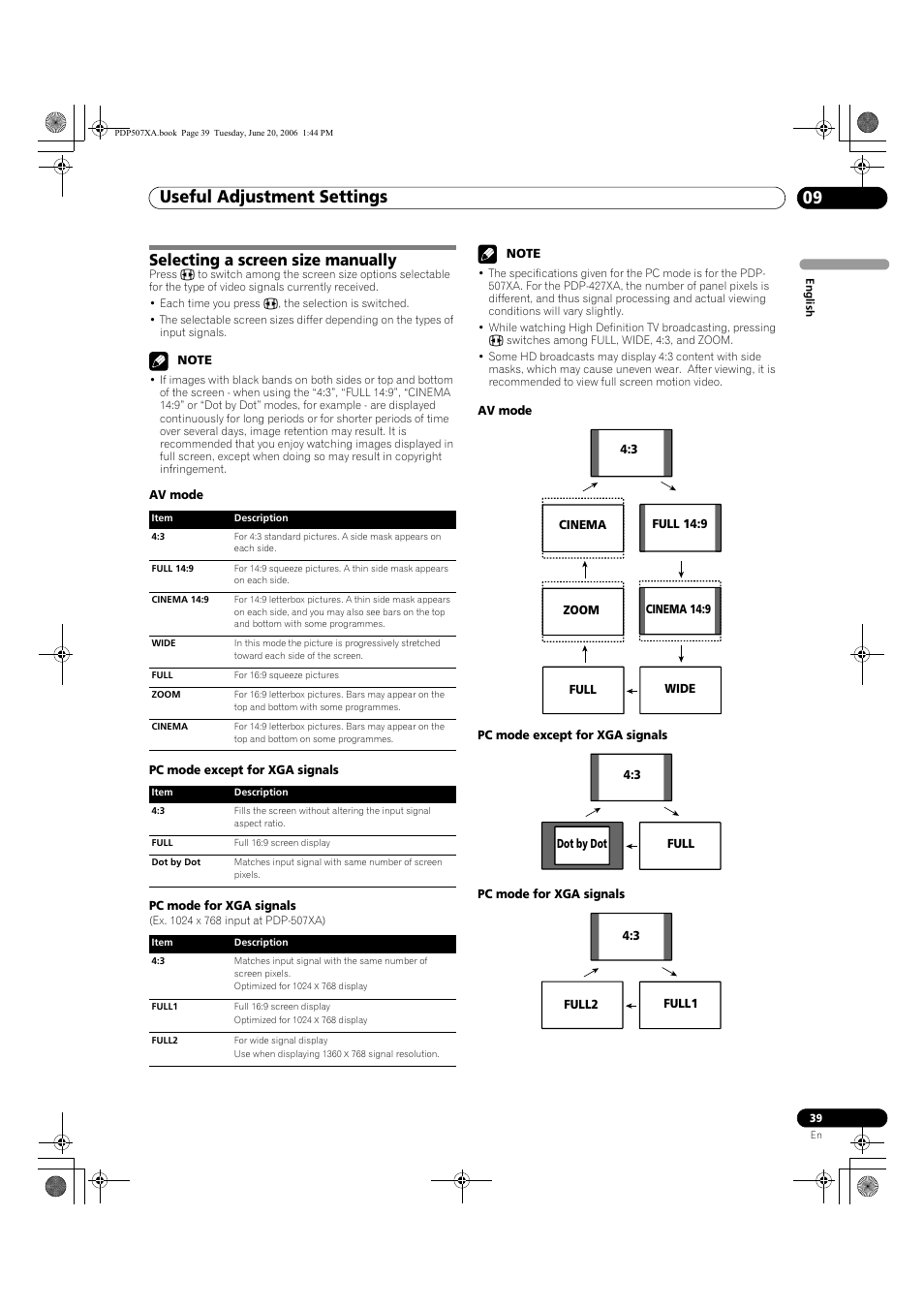 Selecting a screen size manually, Useful adjustment settings 09 | Pioneer PDP-507XA User Manual | Page 39 / 171