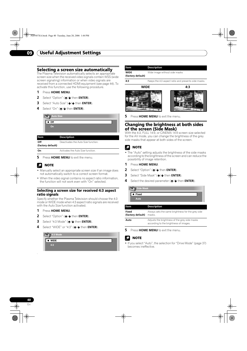 Selecting a screen size automatically, Aspect ratio signals, Useful adjustment settings 09 | Pioneer PDP-507XA User Manual | Page 40 / 171