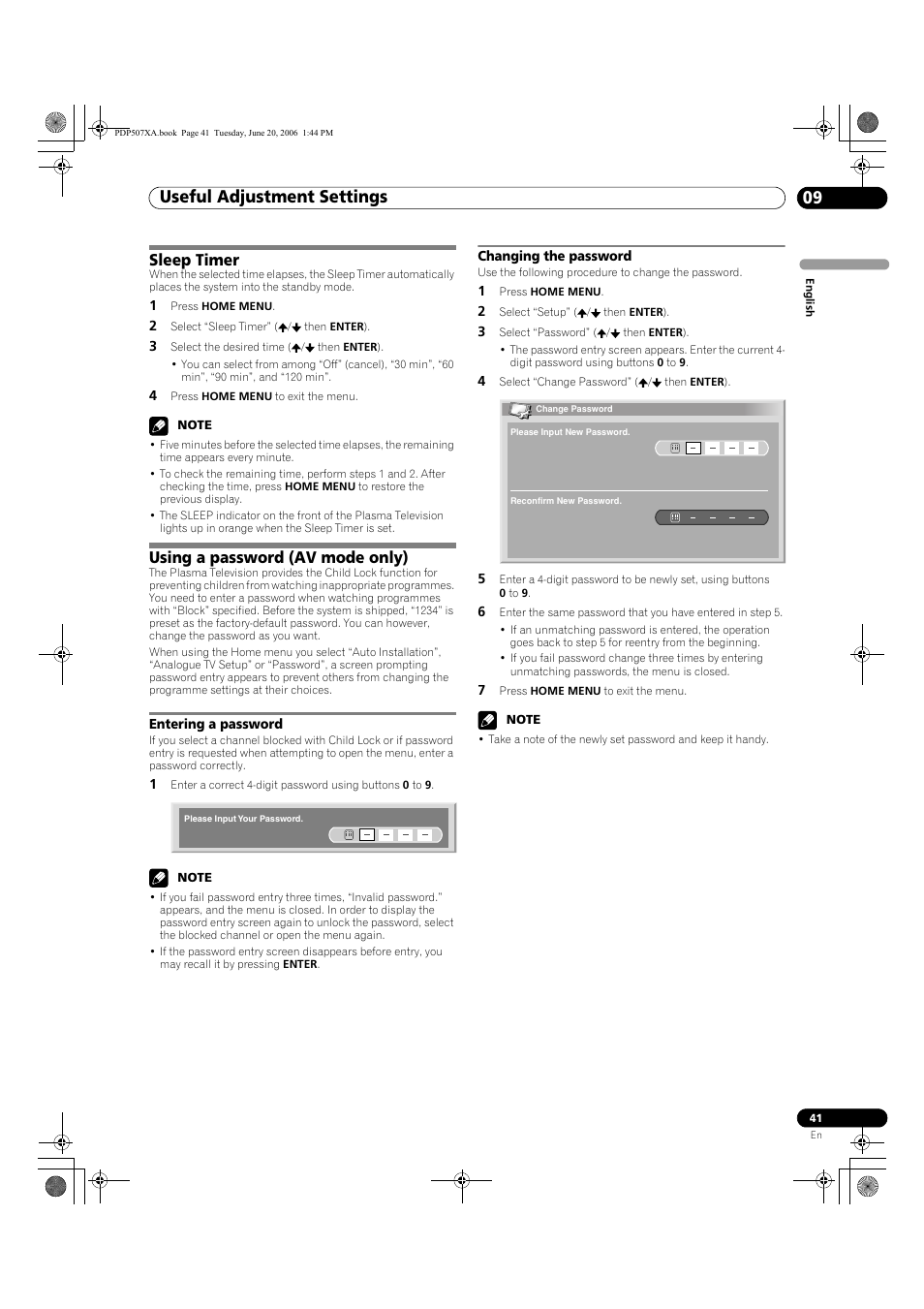 Sleep timer using a password (av mode only), Entering a password changing the password, Useful adjustment settings 09 | Sleep timer, Using a password (av mode only) | Pioneer PDP-507XA User Manual | Page 41 / 171