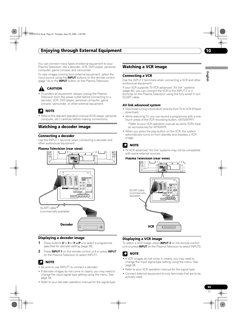 10 enjoying through external equipment, Watching a decoder image, Connecting a decoder displaying a decoder image | Watching a vcr image, Connecting a vcr displaying a vcr image, Enjoying through external equipment 10, Enjoying through external equipment | Pioneer PDP-507XA User Manual | Page 43 / 171