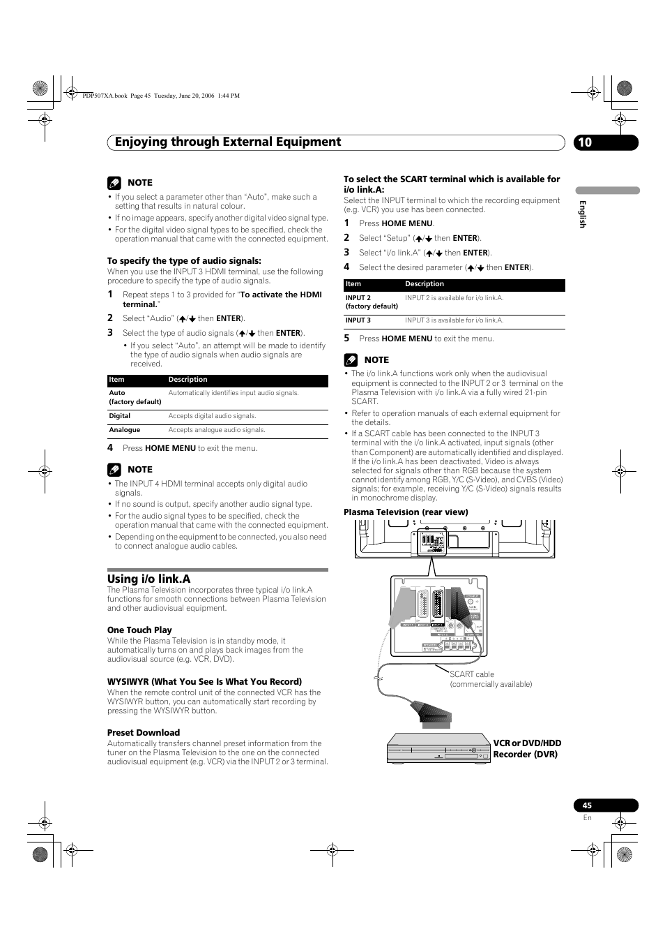 Using i/o link.a, Enjoying through external equipment 10 | Pioneer PDP-507XA User Manual | Page 45 / 171