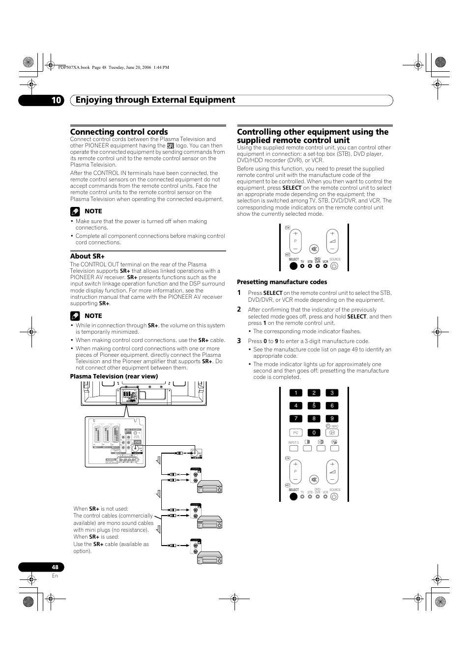 Connecting control cords, About sr, Enjoying through external equipment 10 | Pioneer PDP-507XA User Manual | Page 48 / 171