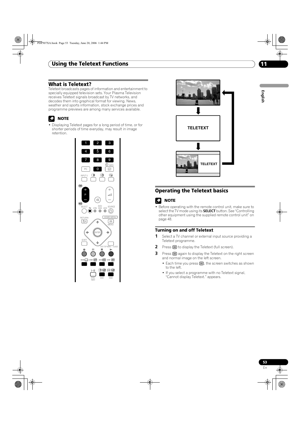 11 using the teletext functions, What is teletext? operating the teletext basics, Turning on and off teletext | Using the teletext functions 11, Using the teletext functions, What is teletext, Operating the teletext basics, Turning on and off teletext 1 | Pioneer PDP-507XA User Manual | Page 53 / 171