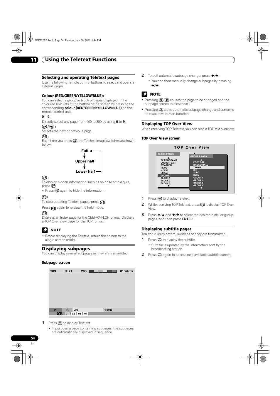 Using the teletext functions 11, Displaying subpages | Pioneer PDP-507XA User Manual | Page 54 / 171