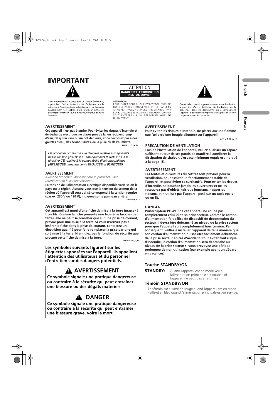 Avertissement, Danger | Pioneer PDP-507XA User Manual | Page 59 / 171