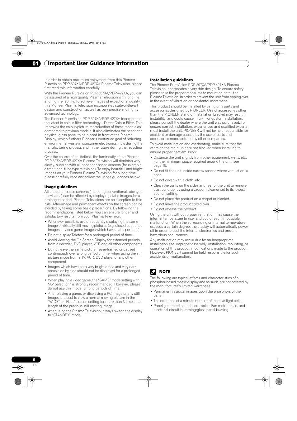 01 important user guidance information | Pioneer PDP-507XA User Manual | Page 6 / 171