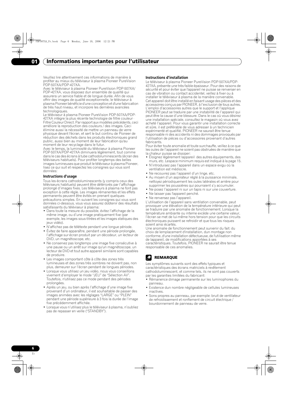 01 informations importantes pour l’utilisateur | Pioneer PDP-507XA User Manual | Page 62 / 171