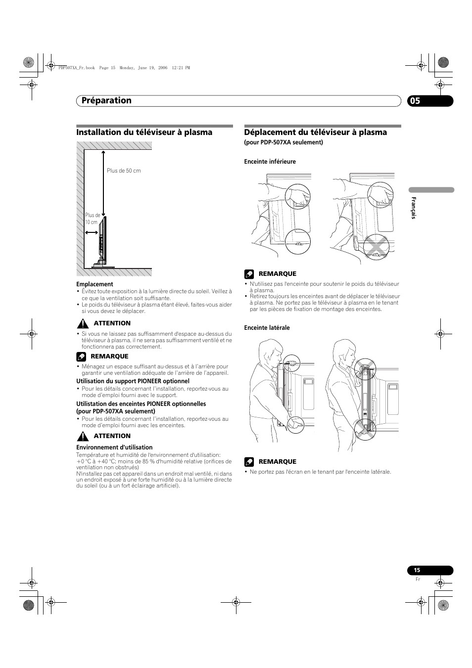 05 préparation, Préparation 05, Préparation | Installation du téléviseur à plasma, Déplacement du téléviseur à plasma | Pioneer PDP-507XA User Manual | Page 71 / 171