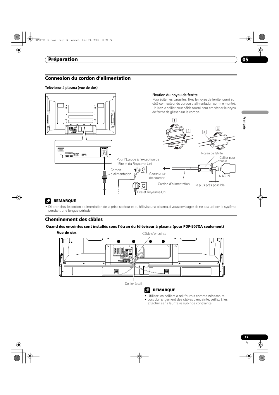 Préparation 05, Connexion du cordon d’alimentation, Cheminement des câbles | Pioneer PDP-507XA User Manual | Page 73 / 171