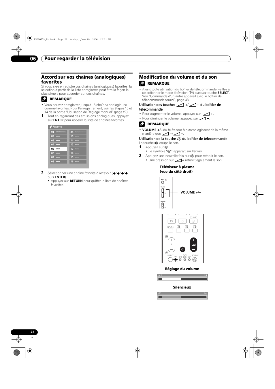 Pour regarder la télévision 06, Accord sur vos chaînes (analogiques) favorites, Modification du volume et du son | Pioneer PDP-507XA User Manual | Page 78 / 171