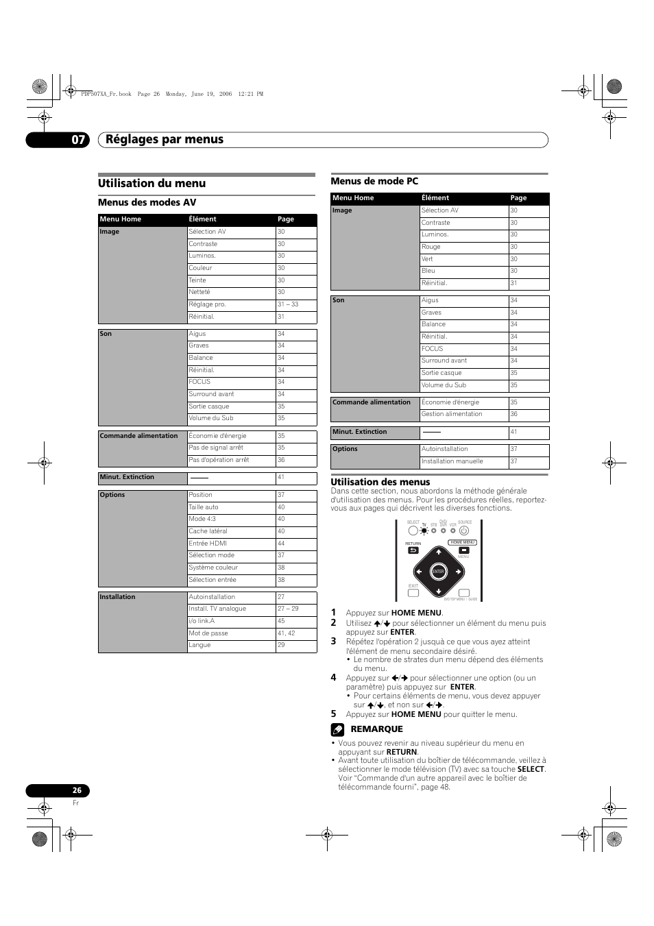 07 réglages par menus, Utilisation du menu, Réglages par menus 07 réglages par menus | Remarque | Pioneer PDP-507XA User Manual | Page 82 / 171