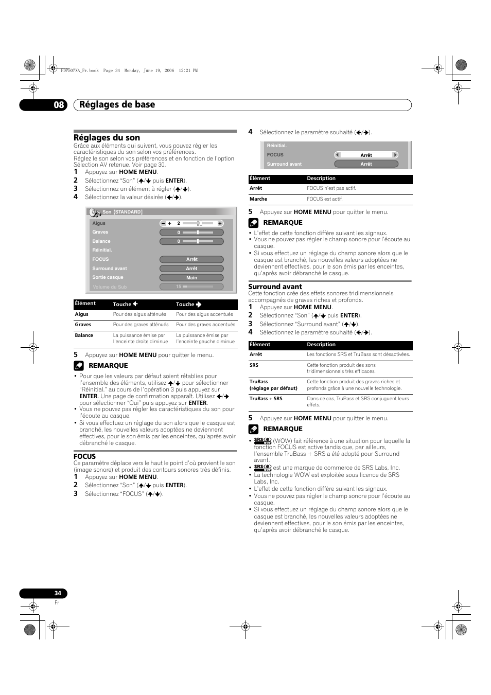 Réglages du son, Focus surround avant, Réglages de base 08 | Pioneer PDP-507XA User Manual | Page 90 / 171