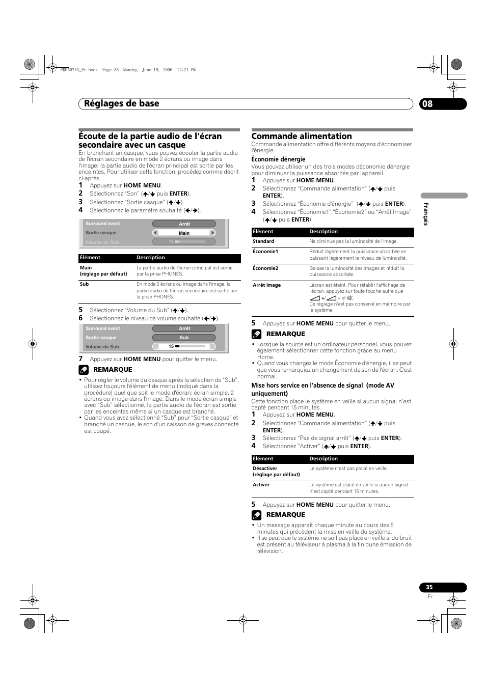 Réglages de base 08, Commande alimentation | Pioneer PDP-507XA User Manual | Page 91 / 171