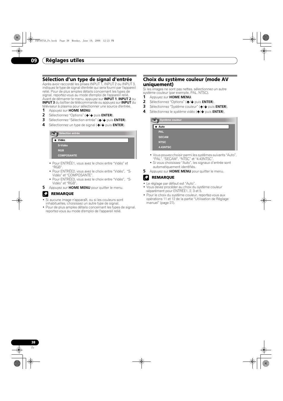 Réglages utiles 09, Sélection d’un type de signal d'entrée, Choix du système couleur (mode av uniquement) | Pioneer PDP-507XA User Manual | Page 94 / 171