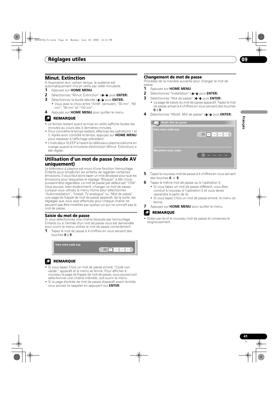 Saisie du mot de passe changement de mot de passe, Réglages utiles 09, Minut. extinction | Utilisation d'un mot de passe (mode av uniquement) | Pioneer PDP-507XA User Manual | Page 97 / 171