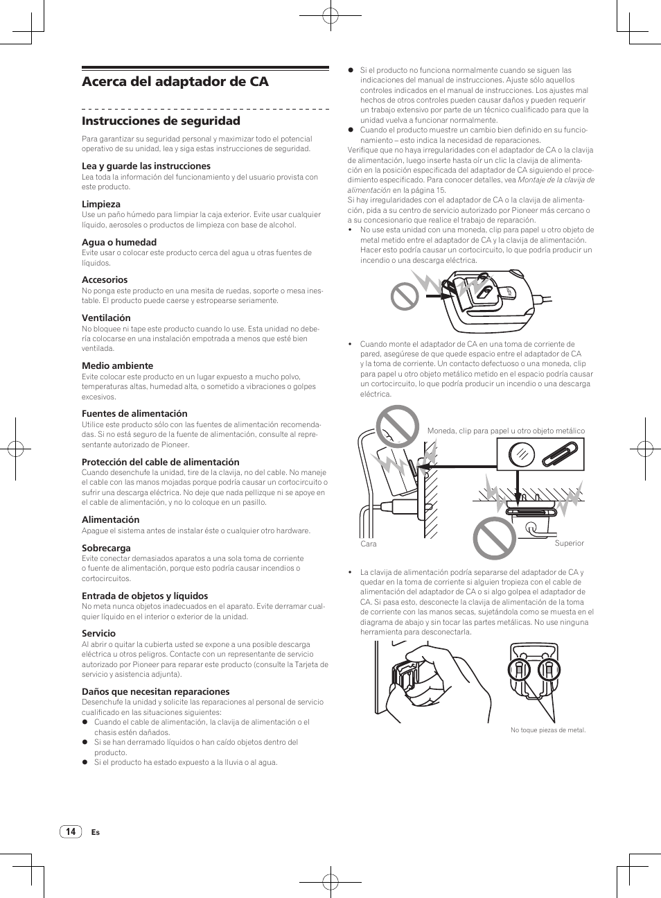 Acerca del adaptador de ca, Instrucciones de seguridad | Pioneer DDJ-S1 User Manual | Page 102 / 124