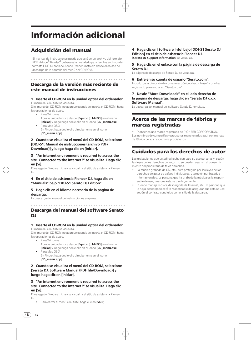 Información adicional, Adquisición del manual, Cuidados para los derechos de autor | Pioneer DDJ-S1 User Manual | Page 104 / 124