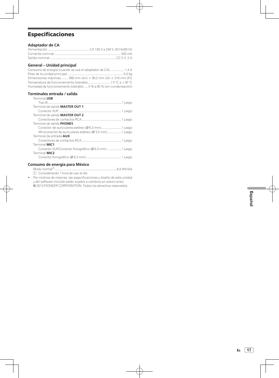 Especificaciones | Pioneer DDJ-S1 User Manual | Page 105 / 124