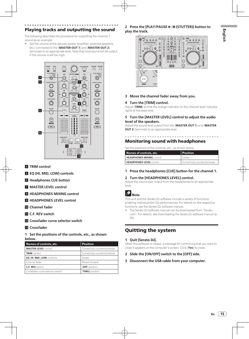 Quitting the system, Playing tracks and outputting the sound, Monitoring sound with headphones | Pioneer DDJ-S1 User Manual | Page 15 / 124