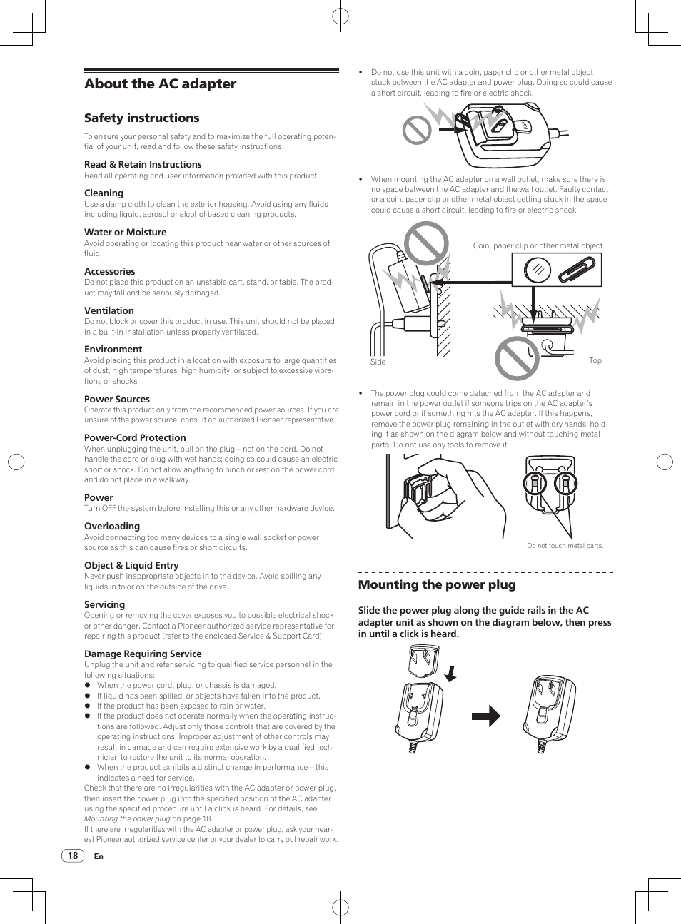About the ac adapter, Safety instructions, Mounting the power plug | Pioneer DDJ-S1 User Manual | Page 18 / 124