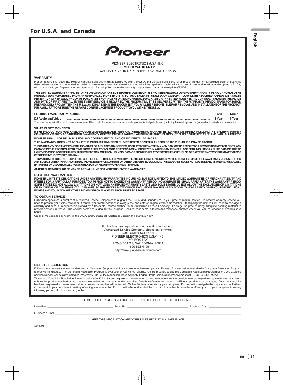 For u.s.a. and canada, English | Pioneer DDJ-S1 User Manual | Page 21 / 124