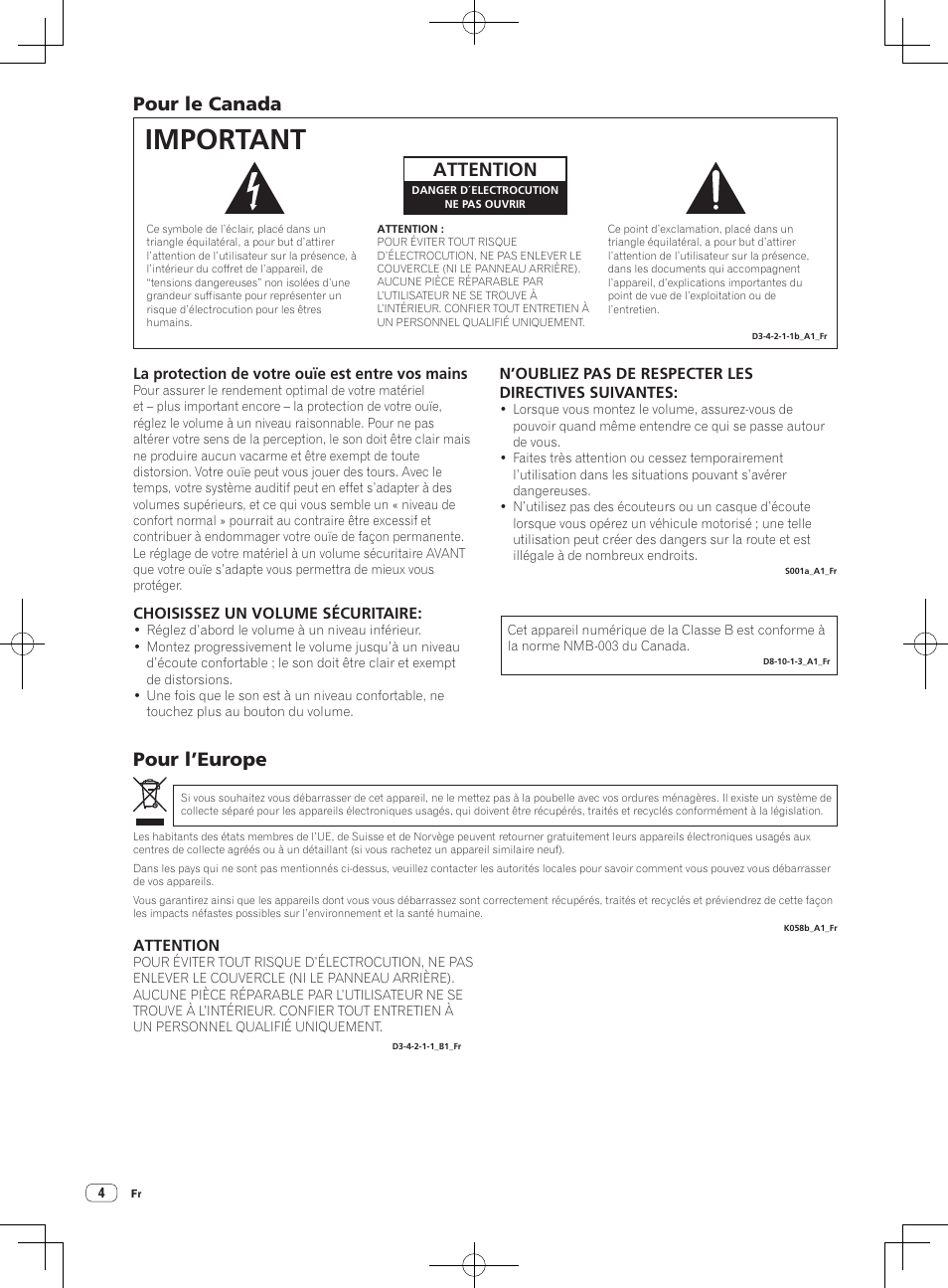 Important, Pour le canada, Attention | Pour l’europe | Pioneer DDJ-S1 User Manual | Page 24 / 124