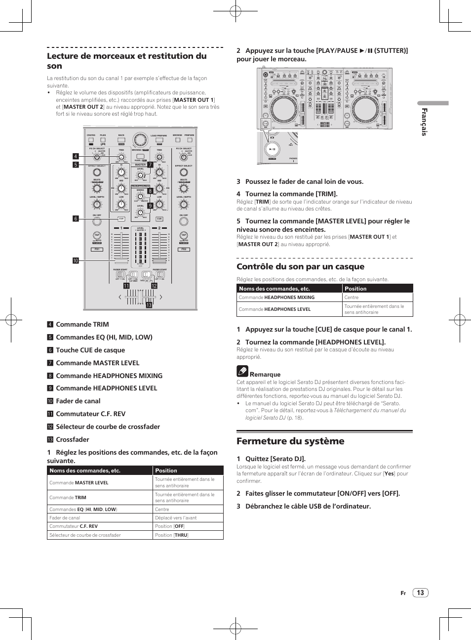 Fermeture du système, Lecture de morceaux et restitution du son, Contrôle du son par un casque | Pioneer DDJ-S1 User Manual | Page 33 / 124