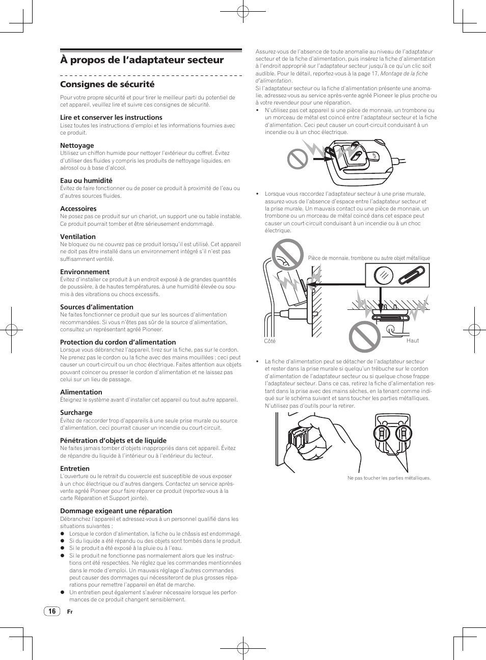 À propos de l’adaptateur secteur, Consignes de sécurité | Pioneer DDJ-S1 User Manual | Page 36 / 124