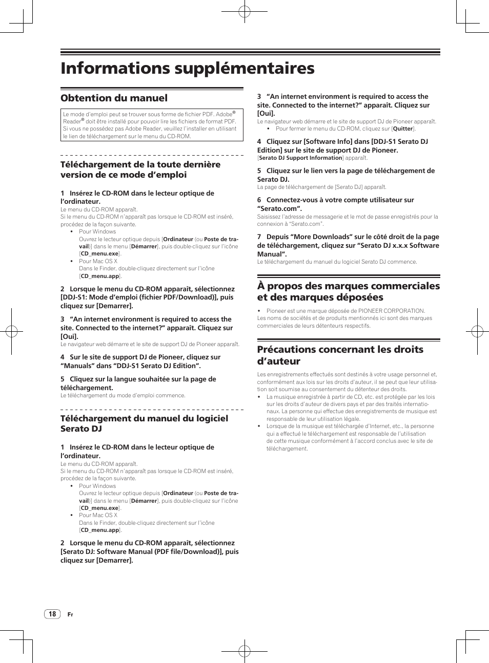 Informations supplémentaires, Obtention du manuel, Précautions concernant les droits d’auteur | Pioneer DDJ-S1 User Manual | Page 38 / 124