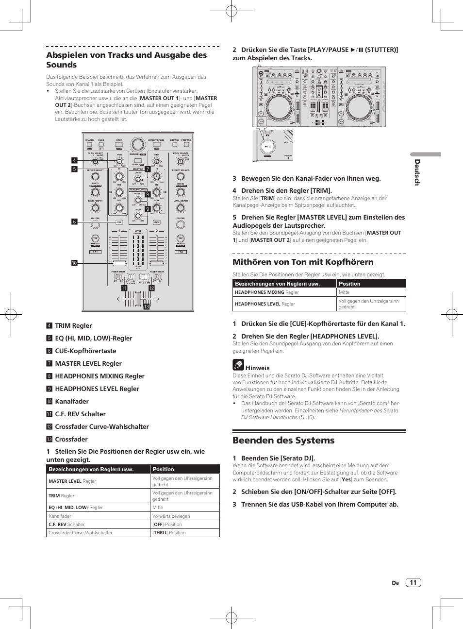 Beenden des systems, Abspielen von tracks und ausgabe des sounds, Mithören von ton mit kopfhörern | Pioneer DDJ-S1 User Manual | Page 51 / 124