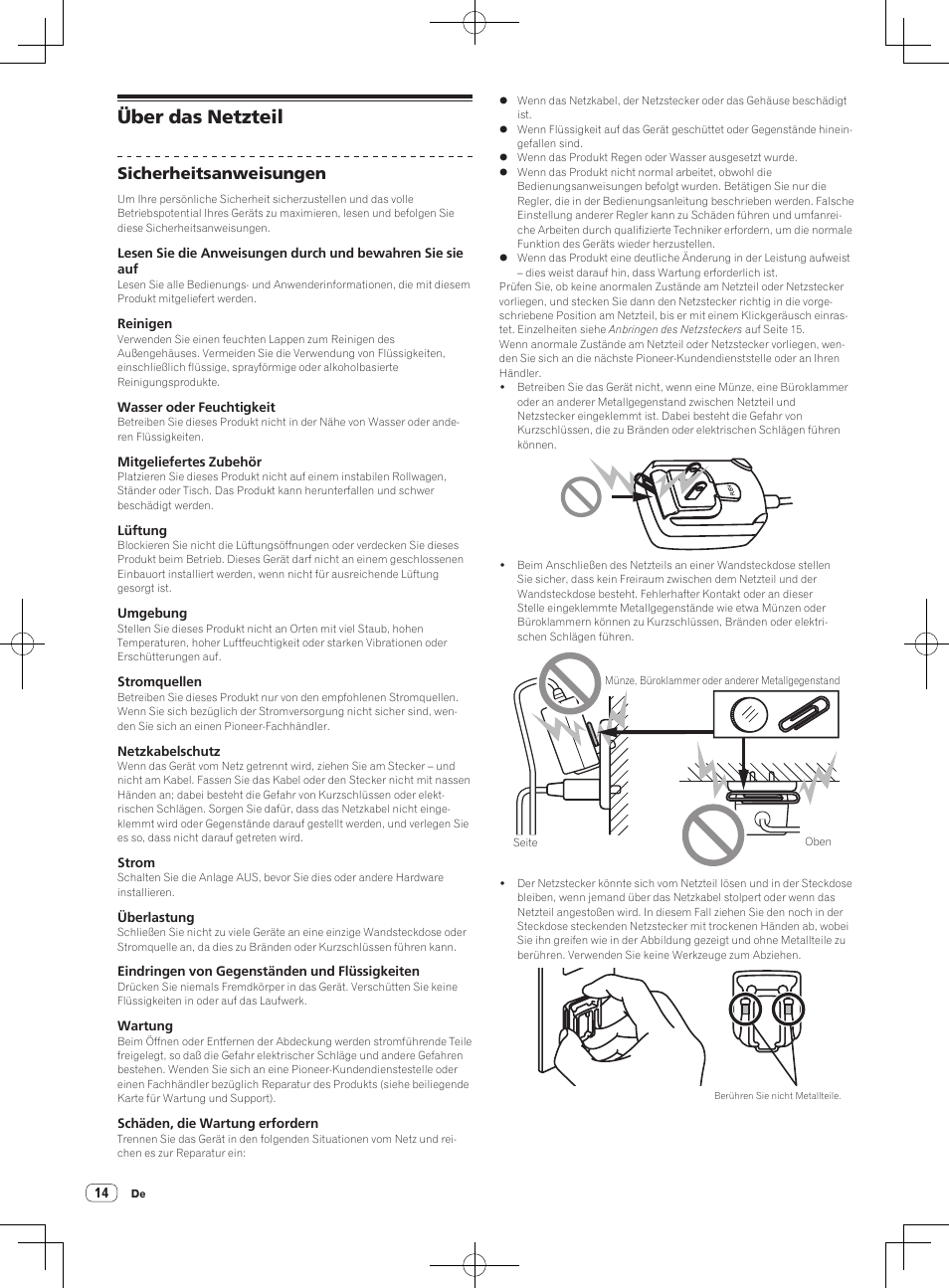 Über das netzteil, Sicherheitsanweisungen | Pioneer DDJ-S1 User Manual | Page 54 / 124